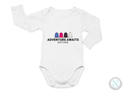 a white bodysuit with the words adventure awaits on it