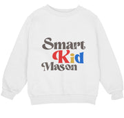 a white sweatshirt with the words smart kid mason printed on it