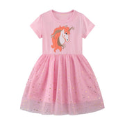 à manches courtes avec un magnifique motif de licorne et des étoiles dorées pour filles in Rose | Enfant en bas âge enfant bébé fille robe cadeau princesse fille robes chiffons