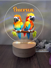 a couple of colorful birds sitting on top of a wooden table