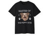 a black t - shirt with an image of a dog&#39;s face and paws