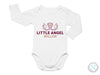 a white bodysuit with the words little angel willow on it