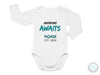 a white bodysuit with the words adventure awaits noah on it