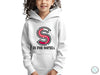 a young girl wearing a white hoodie with the letter s is for sni