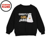 a black sweatshirt with ghosty girl jade on it