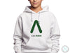 a young boy wearing a white hoodie with a green letter on it