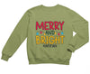 a little girl wearing a merry and bright sweatshirt