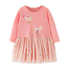 Robe de fille en coton à manches longues avec thème d'oiseaux mignons en rose