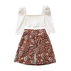 SkipStars Girls 2 Piece Rib-knit White Crop Tee & Floral Skirt Set